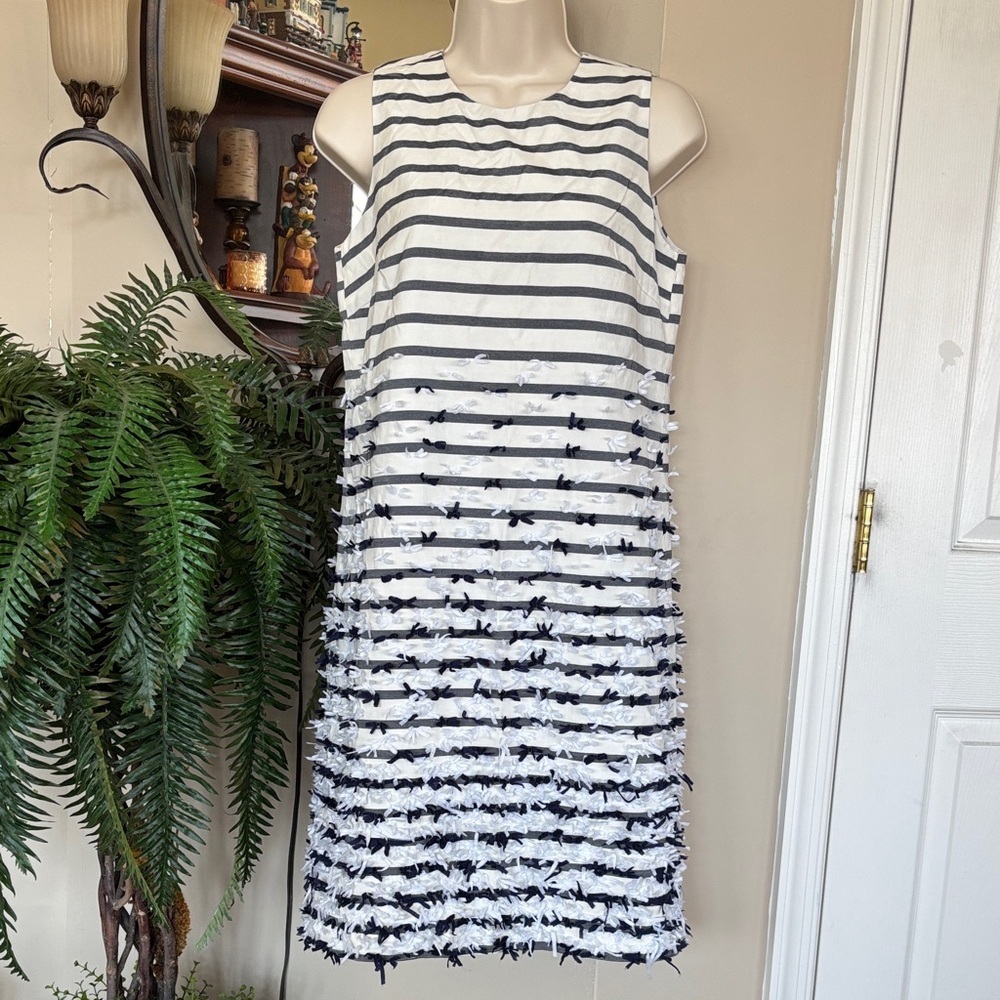J. McLaughlin Jane Shift Dress White Navy Striped Mini Bows Sleeveless Lined